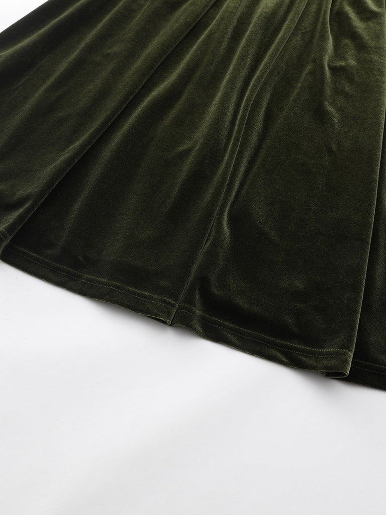 Abito in velluto con scollo a V profondo arricciate verde anni '40