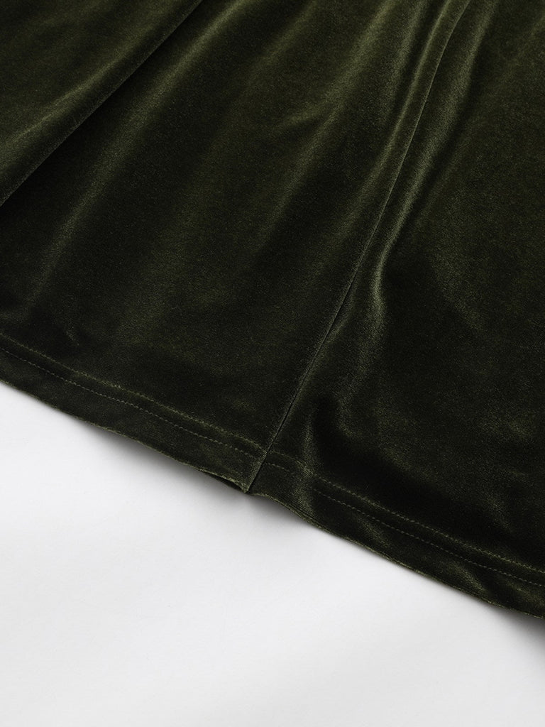Abito in velluto con scollo a V profondo arricciate verde anni '40