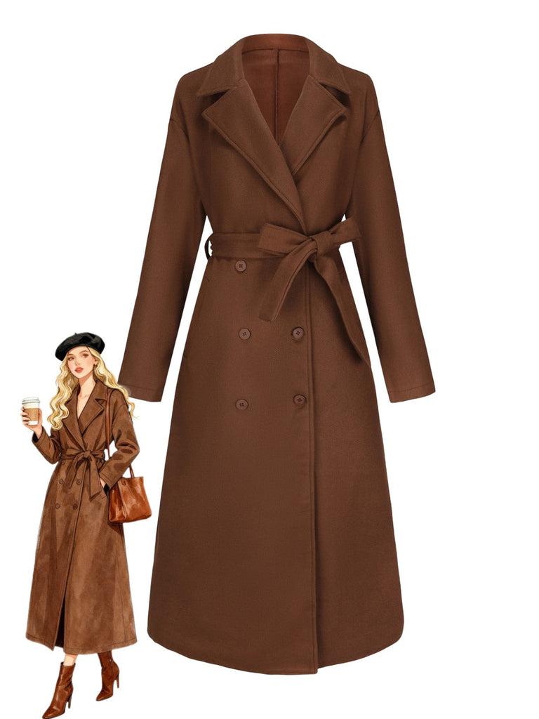 Cappotto lungo in finta lana con colletto a dente marrone anni '30