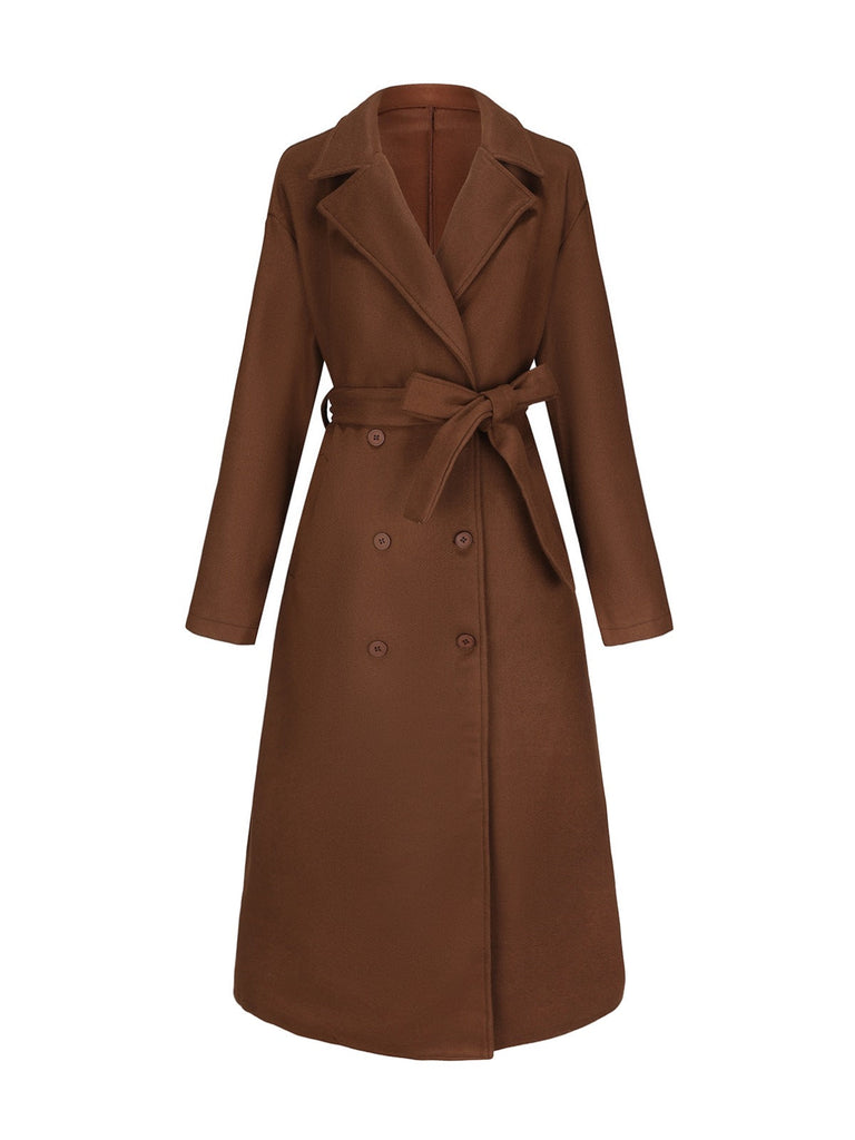 Cappotto lungo in finta lana con colletto a dente marrone anni '30