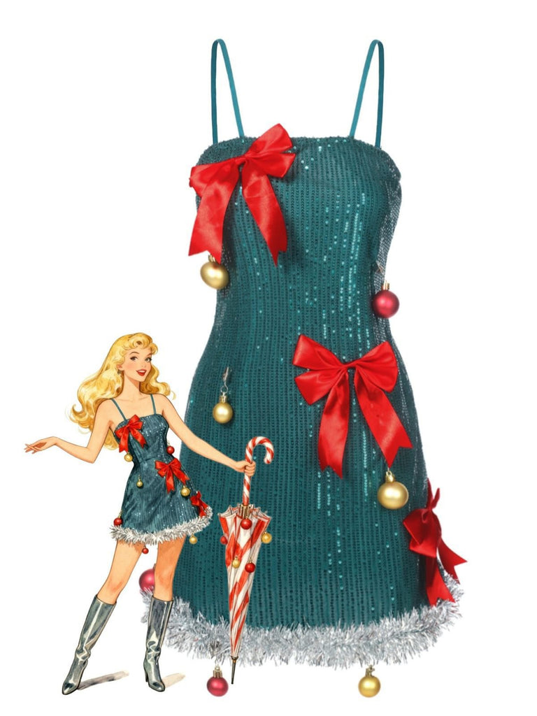 Abito con fiocco e campanellino di Natale e paillettes verde anni '60