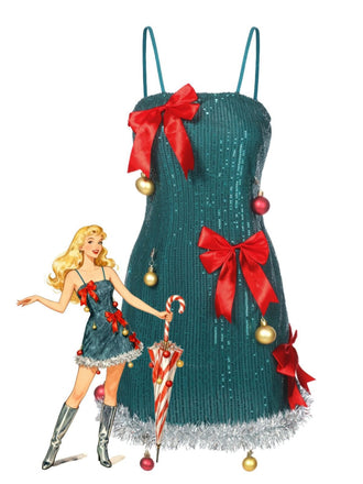 Abito con fiocco e campanellino di Natale e paillettes verde anni '60