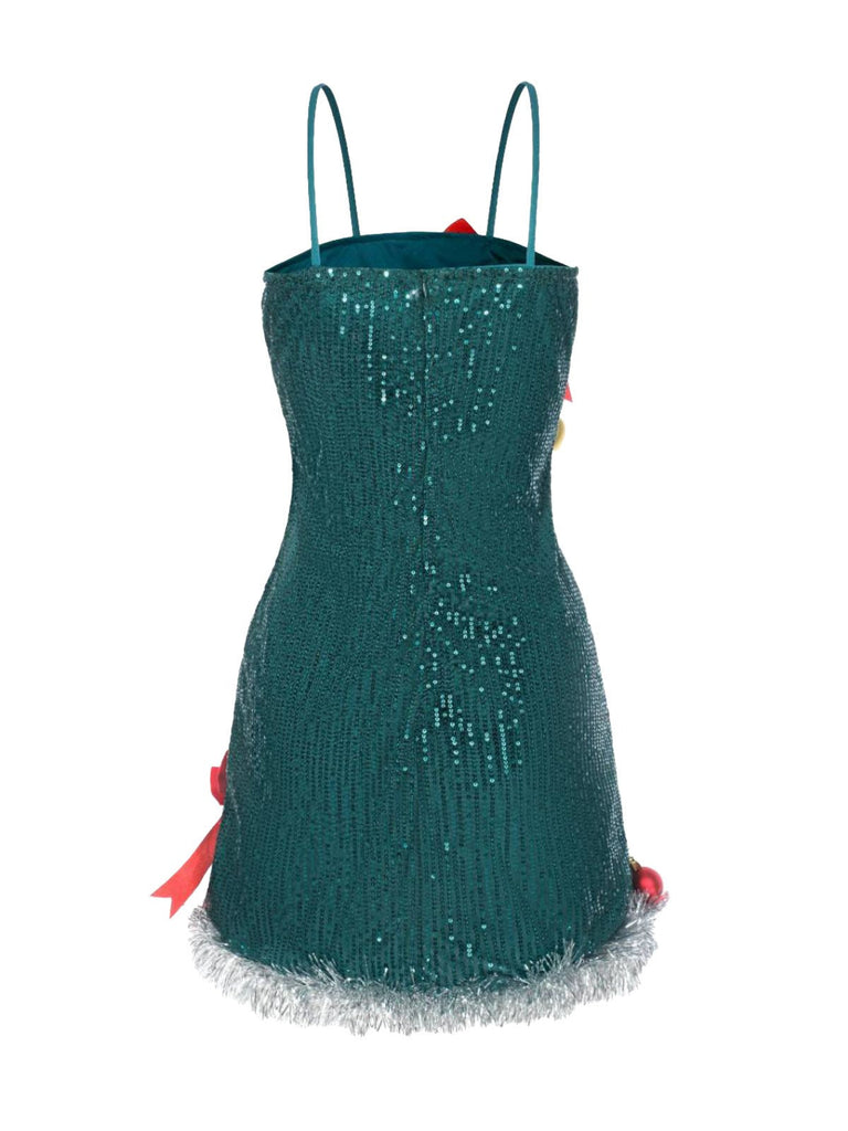 Abito con fiocco e campanellino di Natale e paillettes verde anni '60