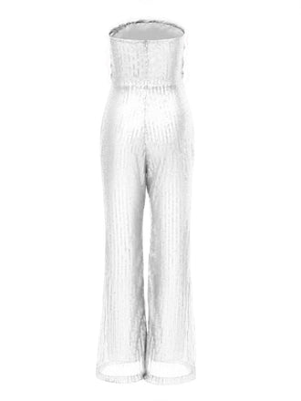 Tuta lunga di piume e paillettes senza spalline bianco anni '50