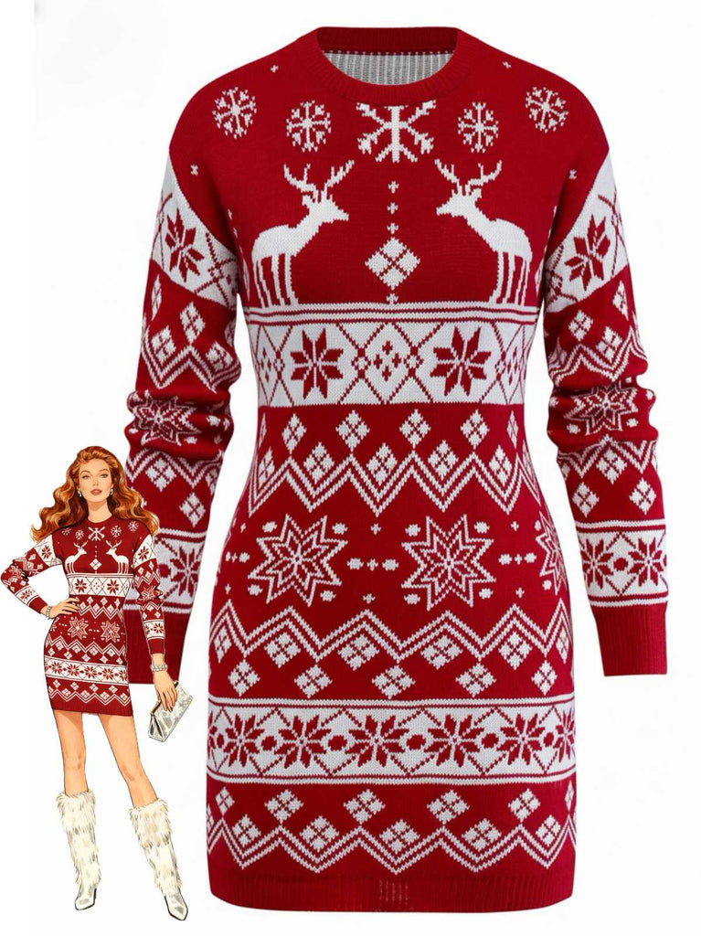 Abito in maglia jacquard con fiocco di neve e renne natalizie anni '60