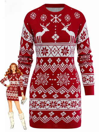 Abito in maglia jacquard con fiocco di neve e renne natalizie anni '60