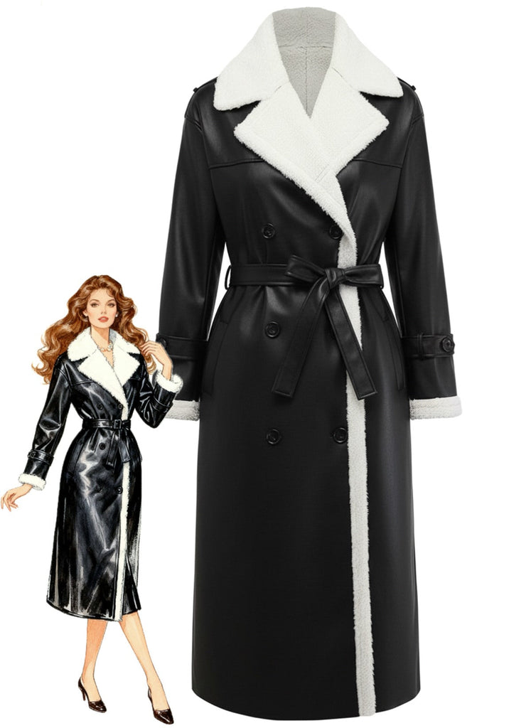Cappotto lungo con revers in pile sherpa sintetico a contrasto anni '40