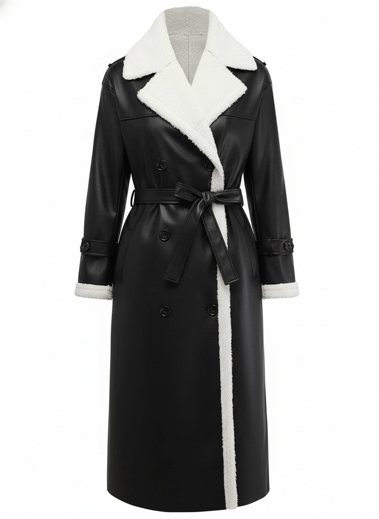 Cappotto lungo con revers in pile sherpa sintetico a contrasto anni '40