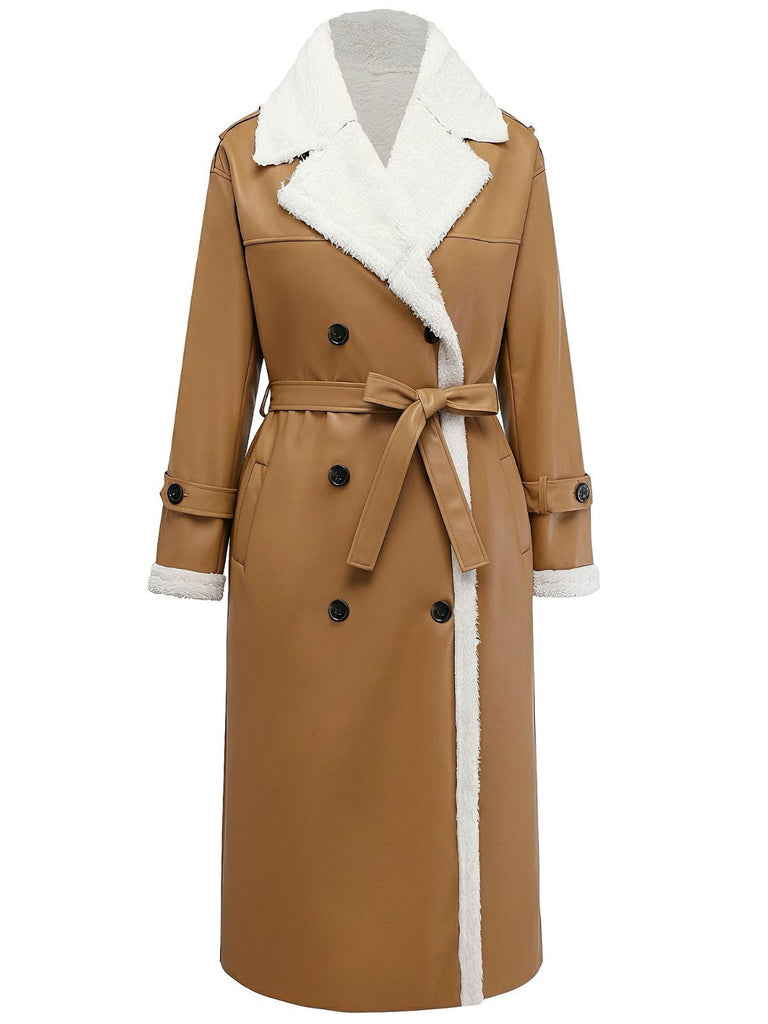 Cappotto lungo con revers in pile sherpa sintetico a contrasto anni '40