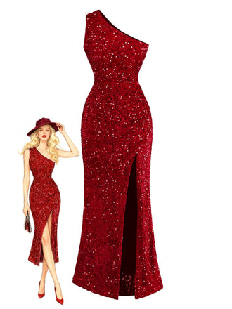 Abito aderente con spacco e paillettes monospalla rosso anni '30
