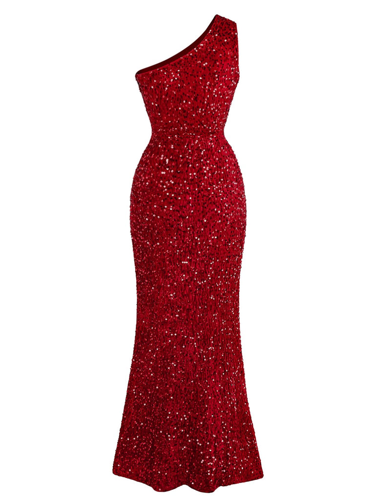 Abito aderente con spacco e paillettes monospalla rosso anni '30