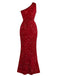 Abito aderente con spacco e paillettes monospalla rosso anni '30