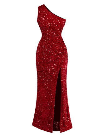 Abito aderente con spacco e paillettes monospalla rosso anni '30