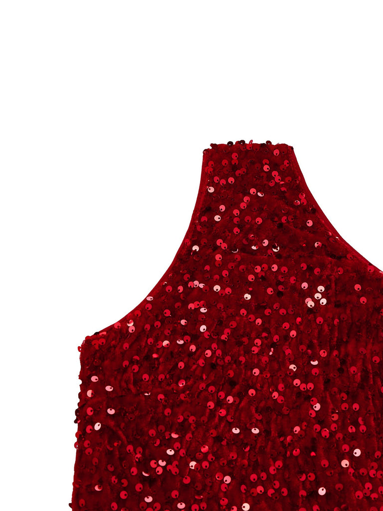 Abito aderente con spacco e paillettes monospalla rosso anni '30