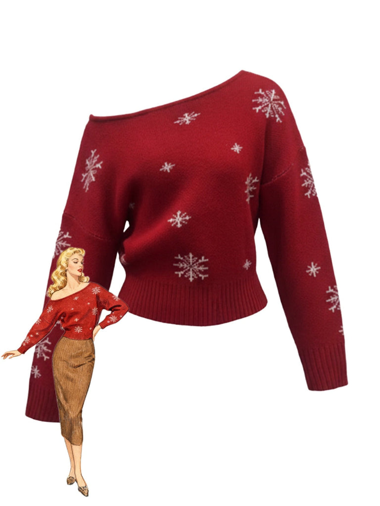 Maglione asimmetrico con spalle scoperte e fiocco di neve natalizio anni '70