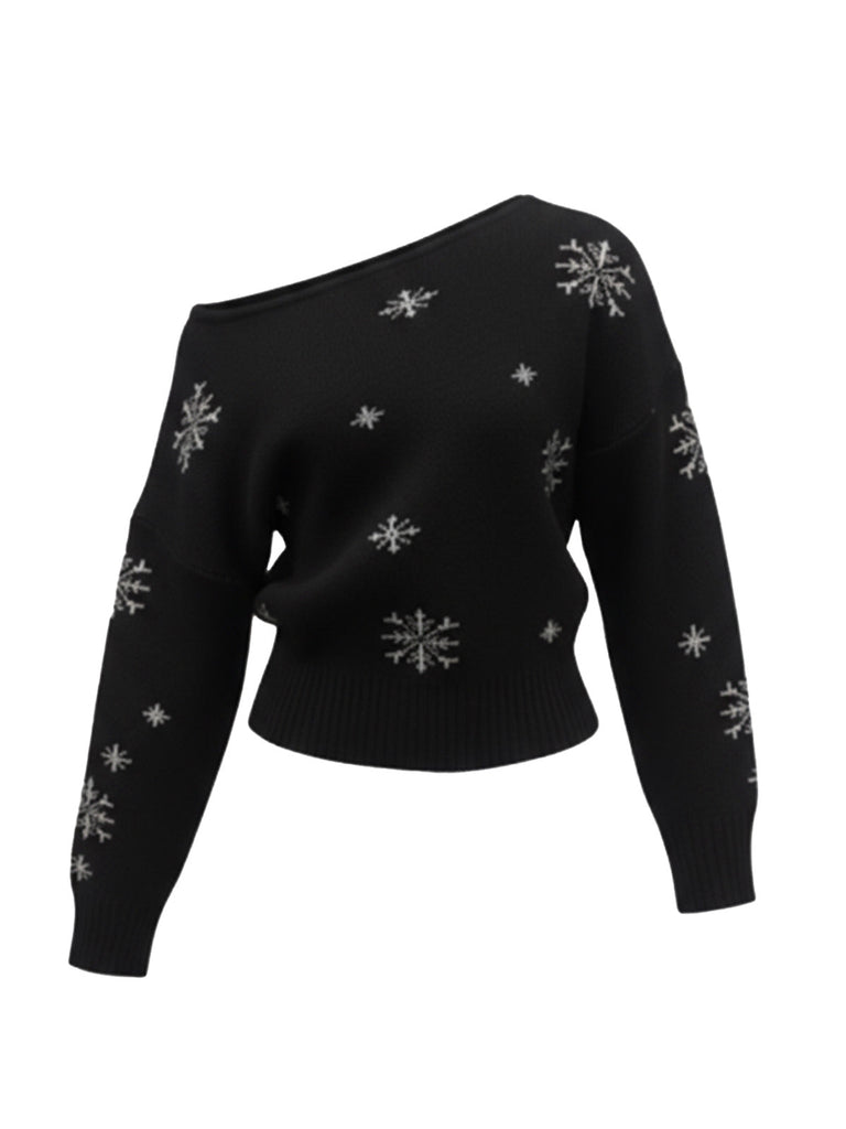 Maglione asimmetrico con spalle scoperte e fiocco di neve natalizio anni '70