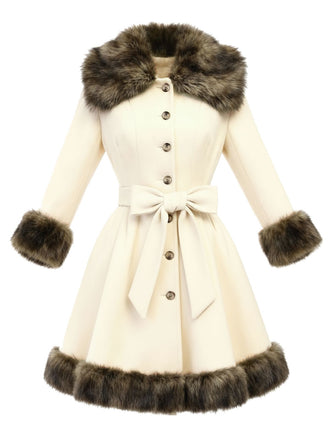 Cappotto patchwork con collo di pelliccia color crema anni '50