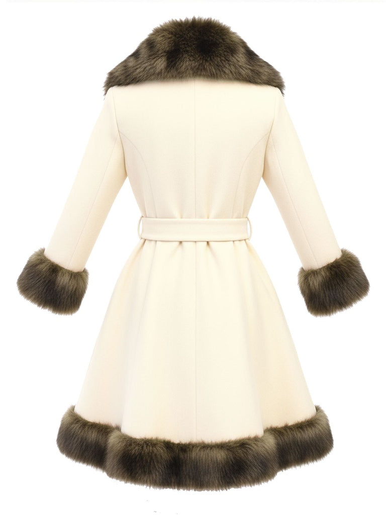 Cappotto patchwork con collo di pelliccia color crema anni '50