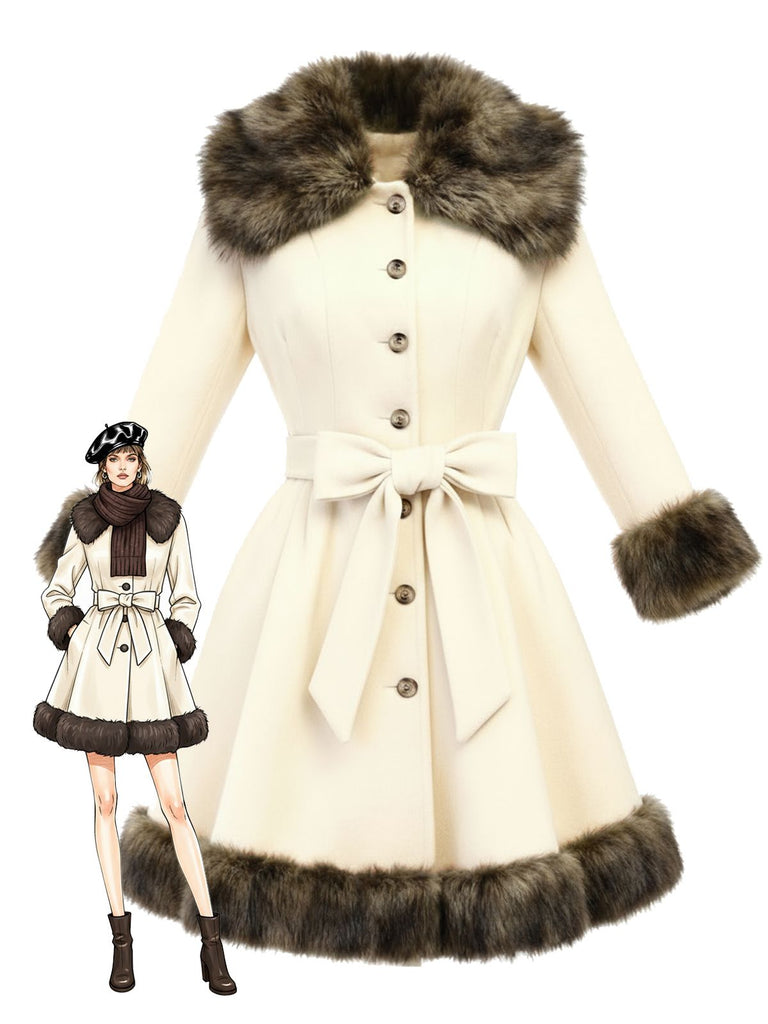 Cappotto patchwork con collo di pelliccia color crema anni '50