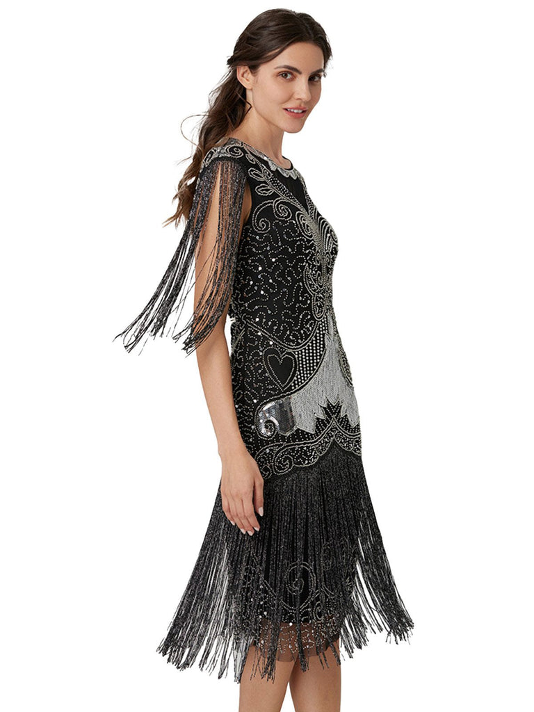 Abito patchwork in rete con nappe e paillettes argento anni '20