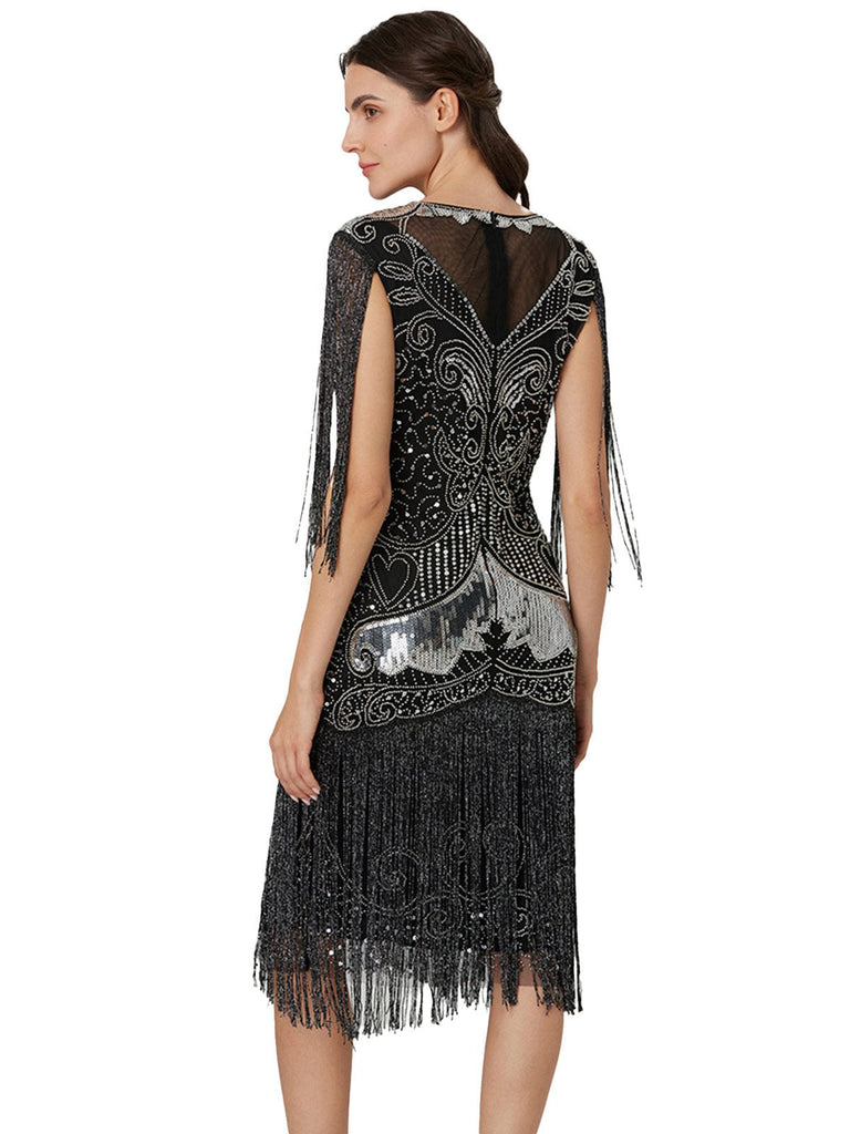 Abito patchwork in rete con nappe e paillettes argento anni '20