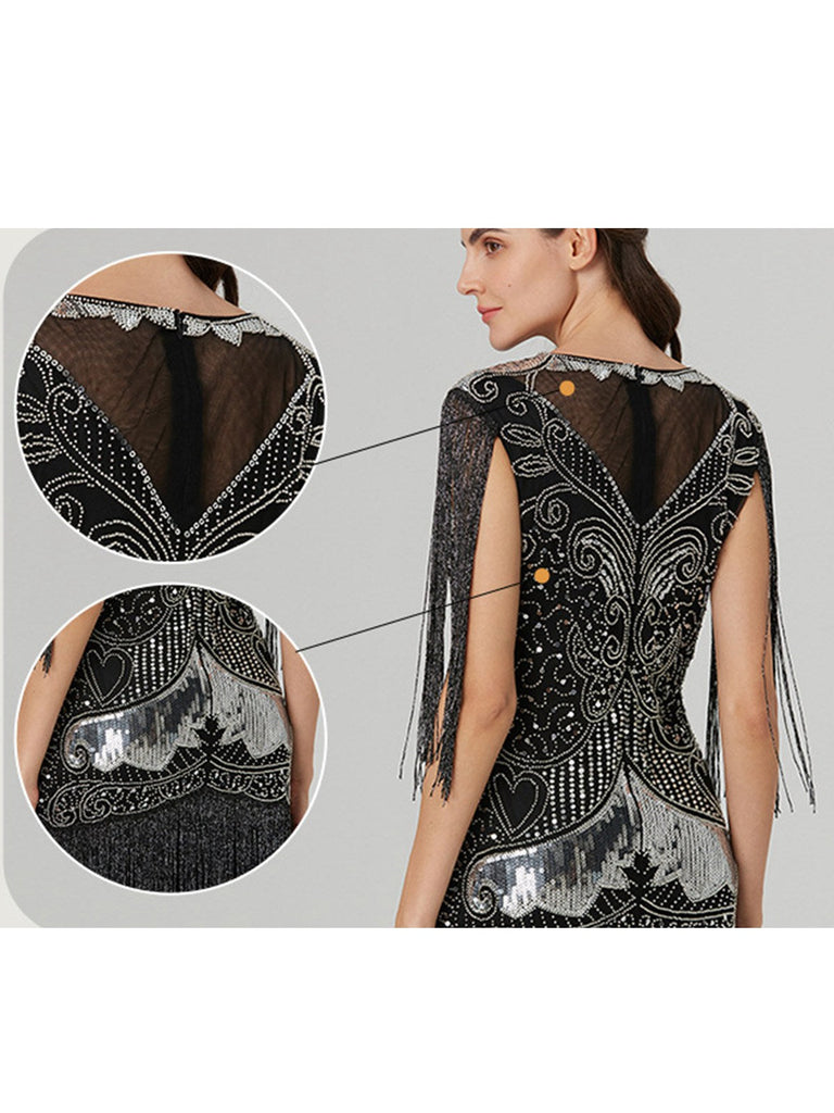 Abito patchwork in rete con nappe e paillettes argento anni '20