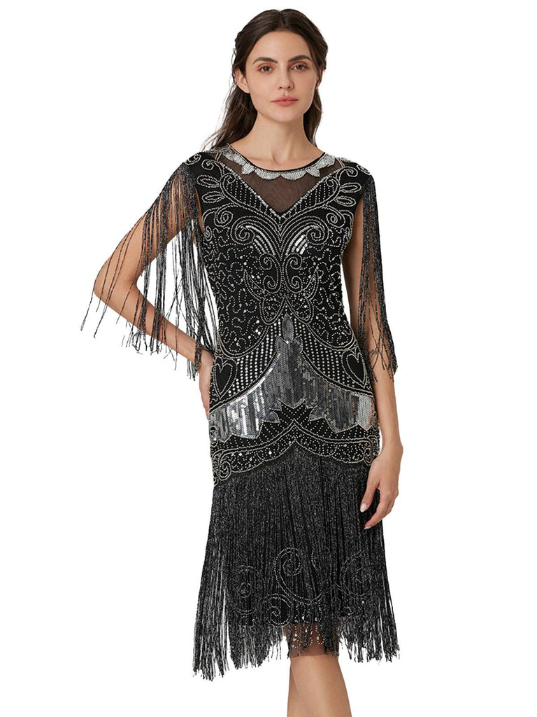 Abito patchwork in rete con nappe e paillettes argento anni '20