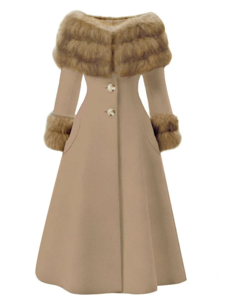 Cappotto con collo di pelliccia multistrato color crema anni '50