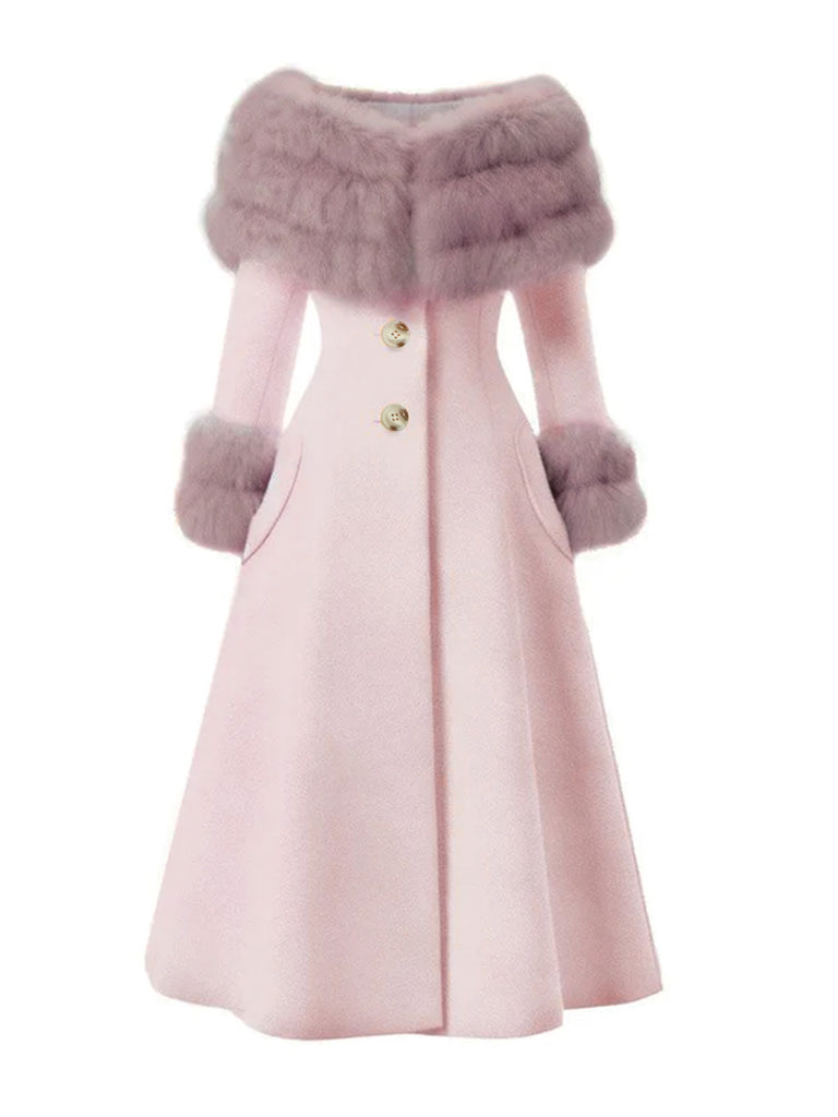 Cappotto con collo di pelliccia multistrato color crema anni '50