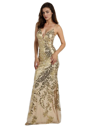 Abito a sirena in rete con paillettes e foglie dorate anni '20
