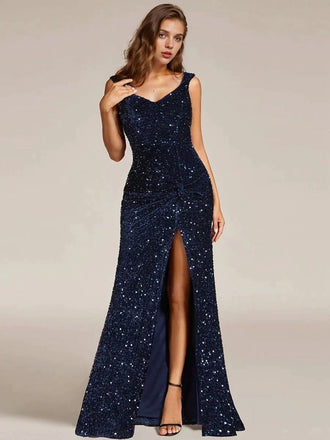 Abito lungo con spacco alto in velluto e paillettes blu anni '20