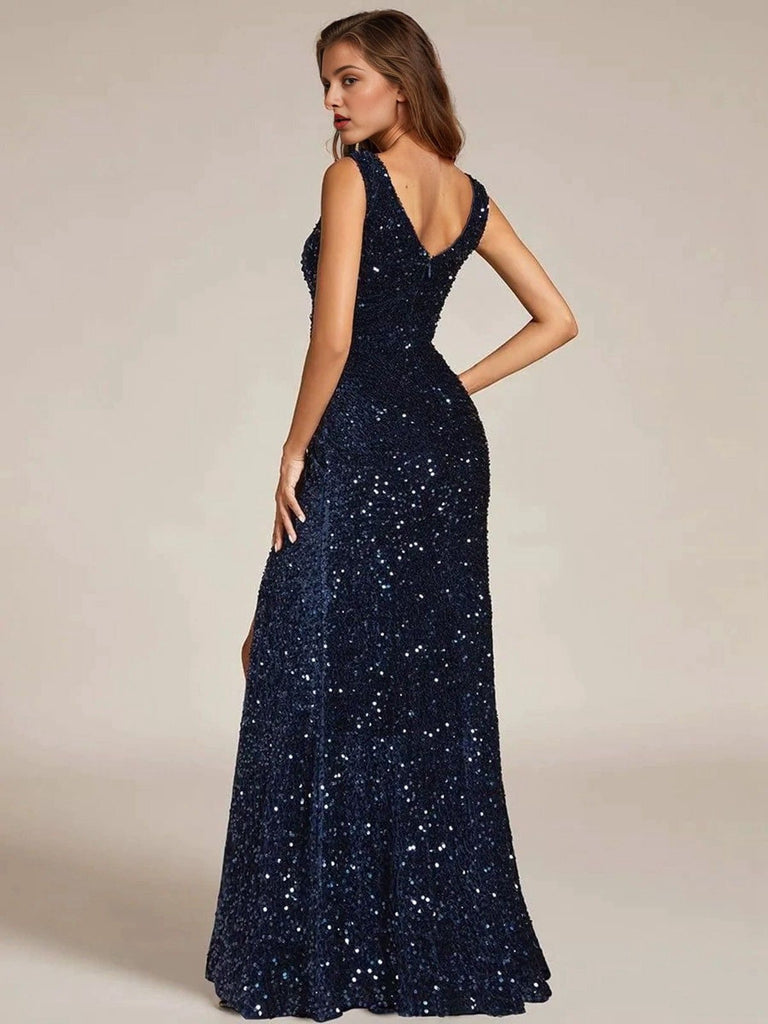 Abito lungo con spacco alto in velluto e paillettes blu anni '20