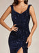 Abito lungo con spacco alto in velluto e paillettes blu anni '20