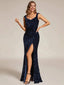 Abito lungo con spacco alto in velluto e paillettes blu anni '20