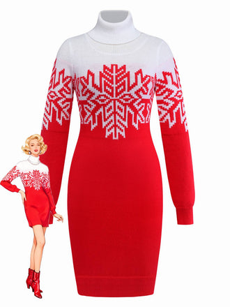 Abito maglione con collo alto con fiocco di neve rosso anni '60