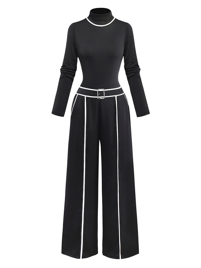 2PCS Top a maglia con collo alto e pantaloni a gamba larga nero anni '30