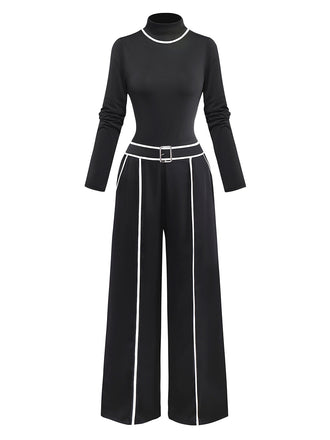 2PCS Top a maglia con collo alto e pantaloni a gamba larga nero anni '30