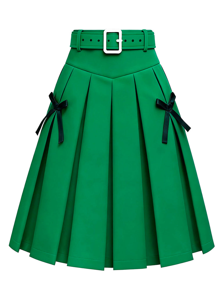 Gonna plissettata con cintura e fiocco verde anni '50