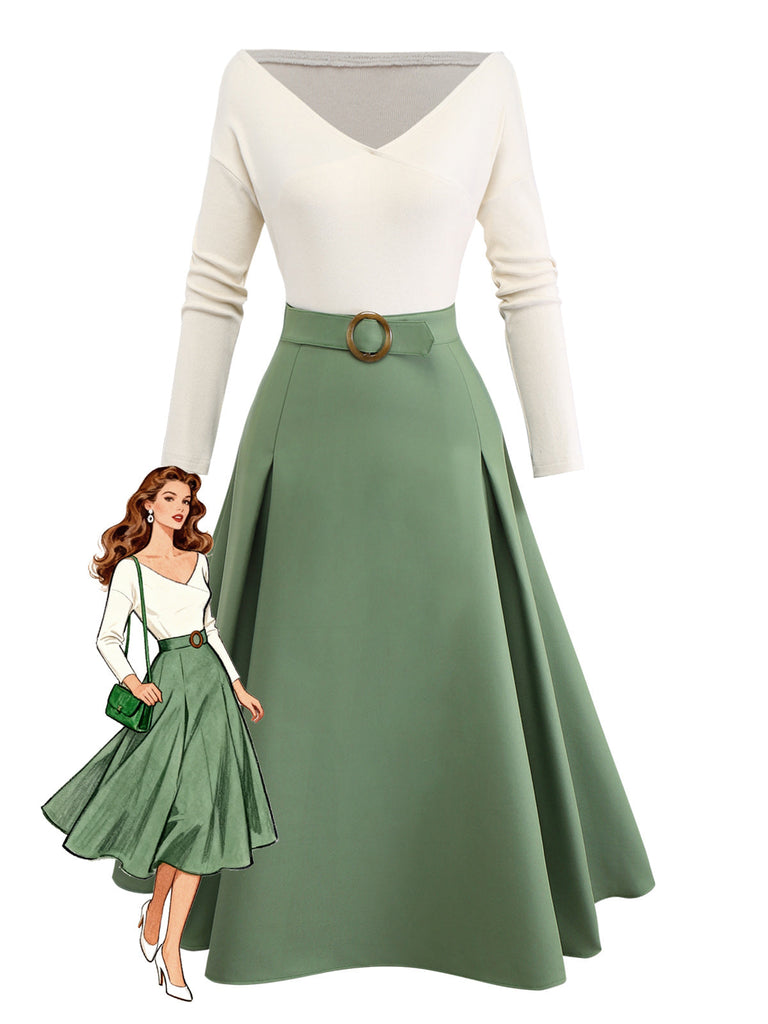 Abito plissettato in maglia con spalle scoperte beige e verde anni '50