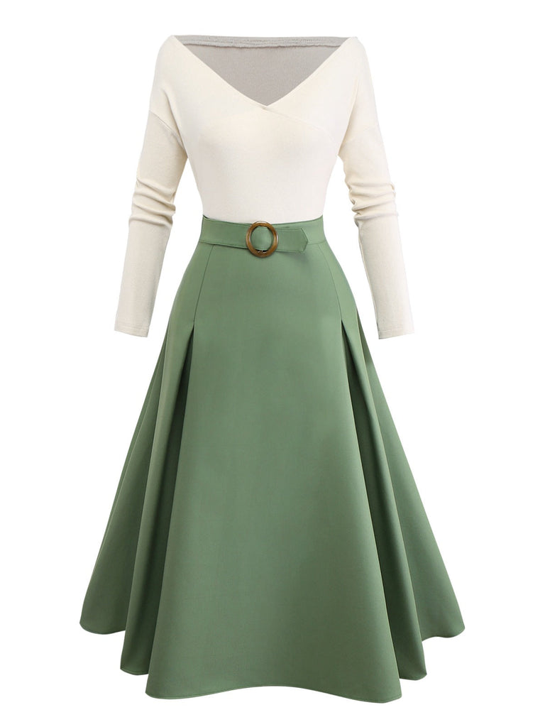 Abito plissettato in maglia con spalle scoperte beige e verde anni '50