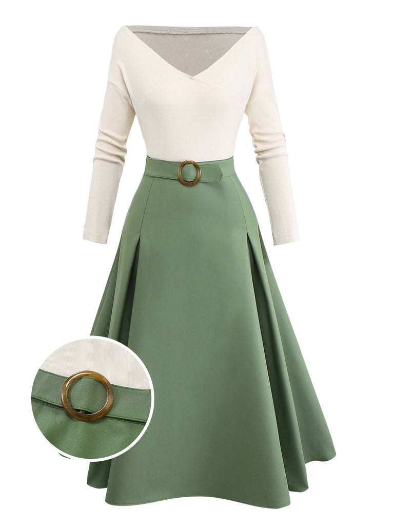 Abito plissettato in maglia con spalle scoperte beige e verde anni '50