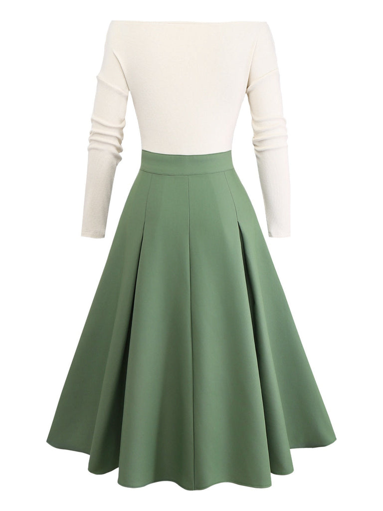 Abito plissettato in maglia con spalle scoperte beige e verde anni '50