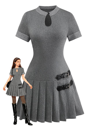 Abito plissettato in maglia e pelle con fibbia grigio anni '70