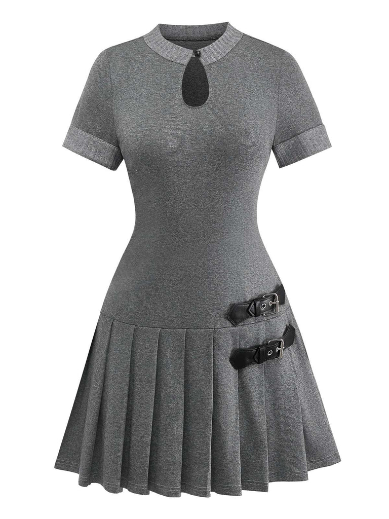 Abito plissettato in maglia e pelle con fibbia grigio anni '70