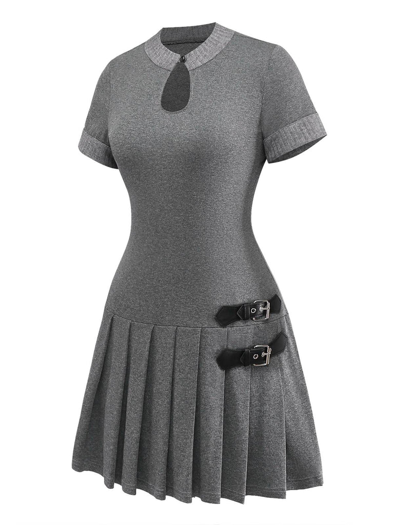 Abito plissettato in maglia e pelle con fibbia grigio anni '70