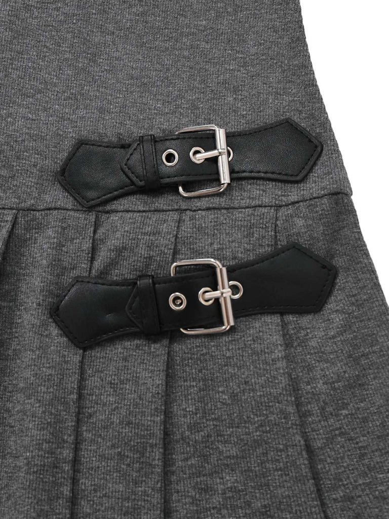Abito plissettato in maglia e pelle con fibbia grigio anni '70