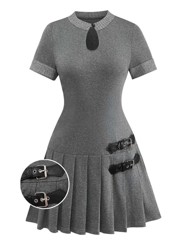 Abito plissettato in maglia e pelle con fibbia grigio anni '70