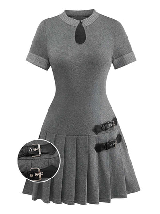 Abito plissettato in maglia e pelle con fibbia grigio anni '70