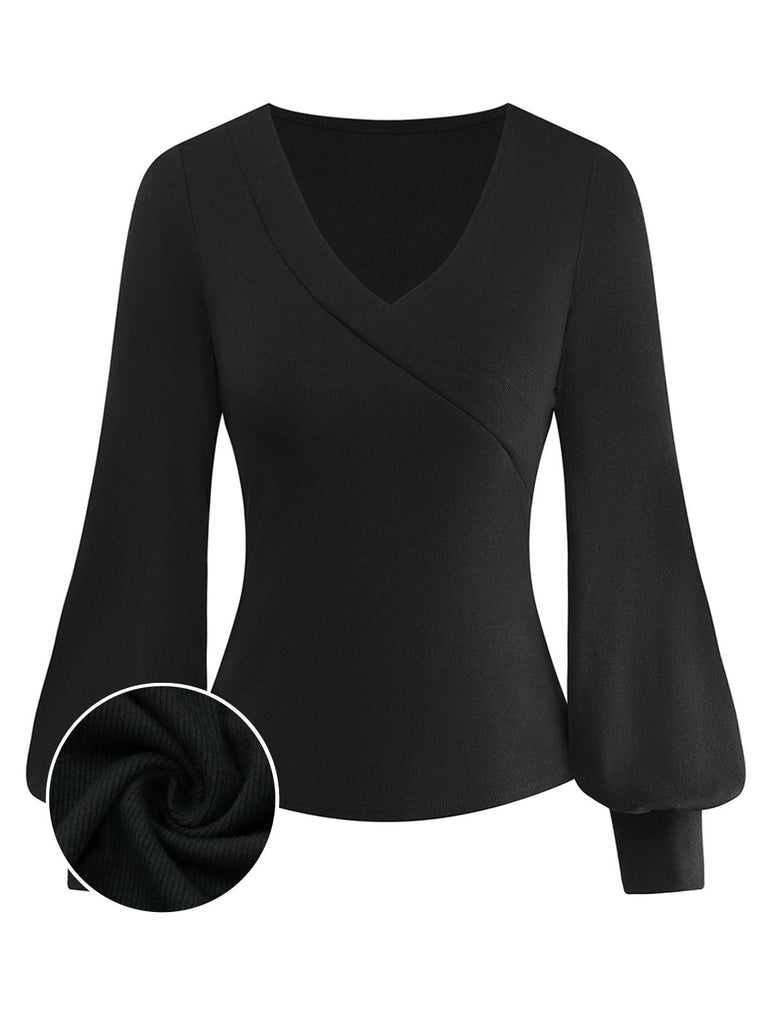 Maglia con scollo a V e maniche a lanterna nero anni '50