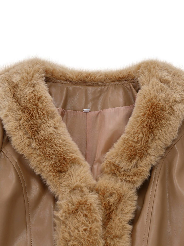 Cappotto in similpelle con collo in pelliccia sintetica cachi anni '40